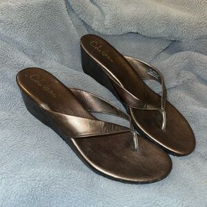 Cole Haan Wedge Thong Sandals NikeAir gunsmoke brown Leather Womens SZ 11